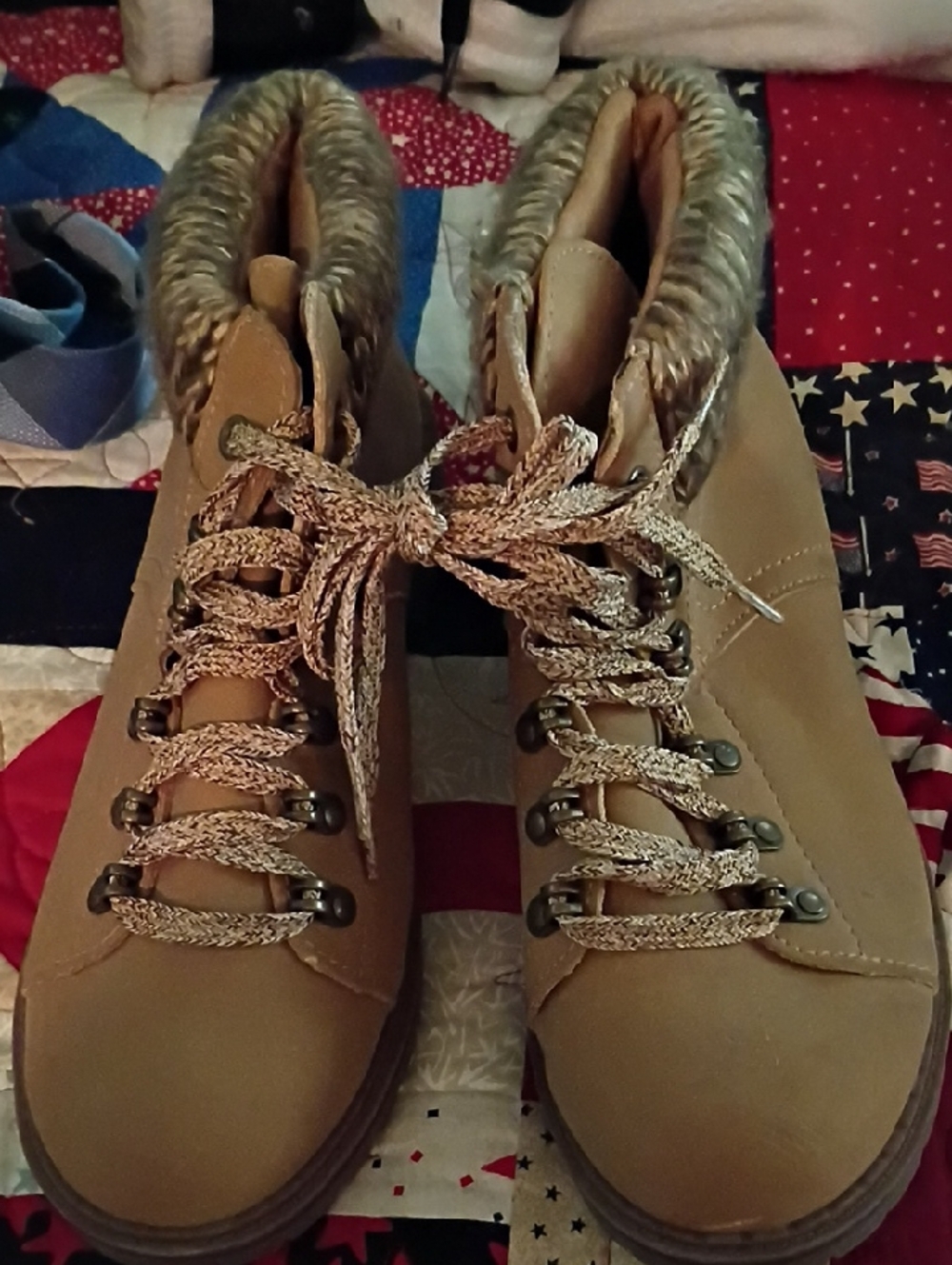 Time and Tru Tan Lace-Up Faux-Fur Ankle Boots